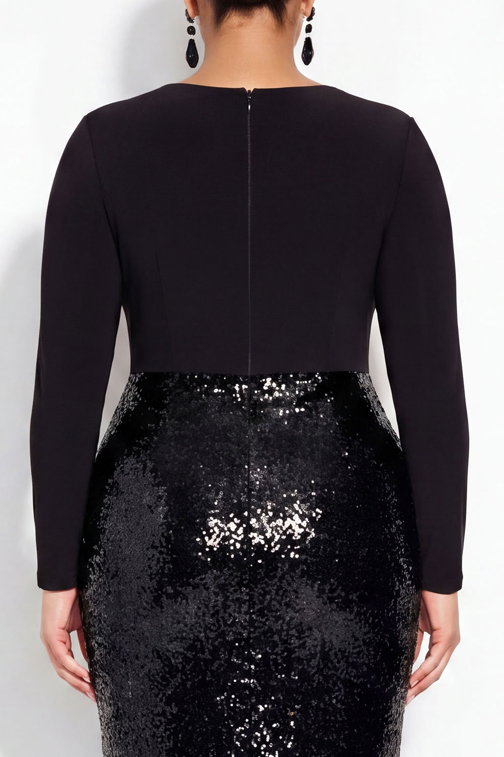 Sparkly Black Mermaid V-Neck Sequins Plus Size Long Formal Dress with Long Sleeves