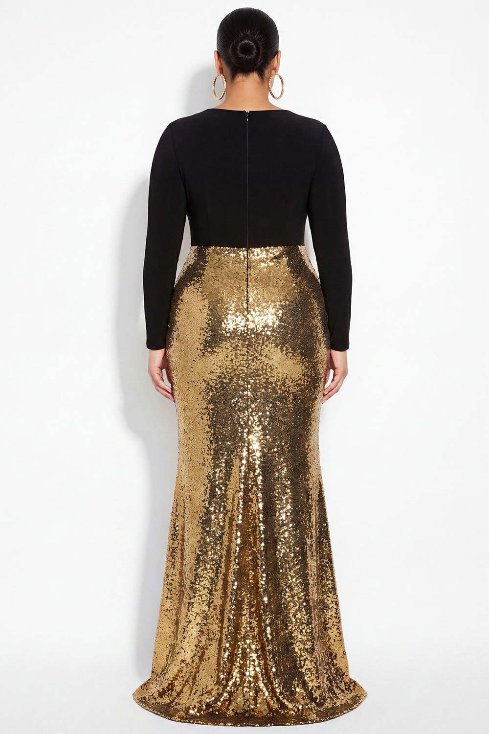 Sparkly Black Mermaid V-Neck Sequins Plus Size Long Formal Dress with Long Sleeves