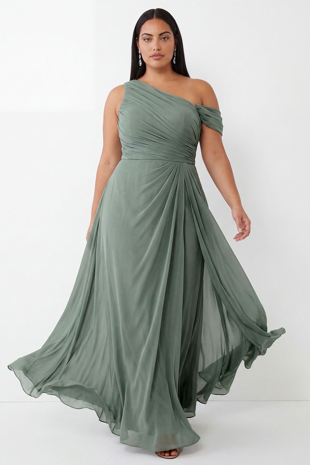 Dressself Women Dusty Sage Formal Dress One Shoulder Ruched Chiffon A-Line Plus Size Long Evening Dress