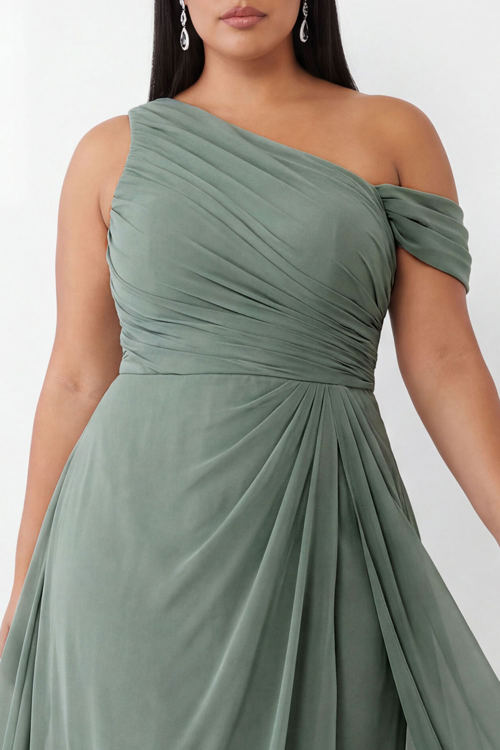 Dusty Sage One Shoulder Ruched Chiffon A-Line Plus Size Long Formal Dress