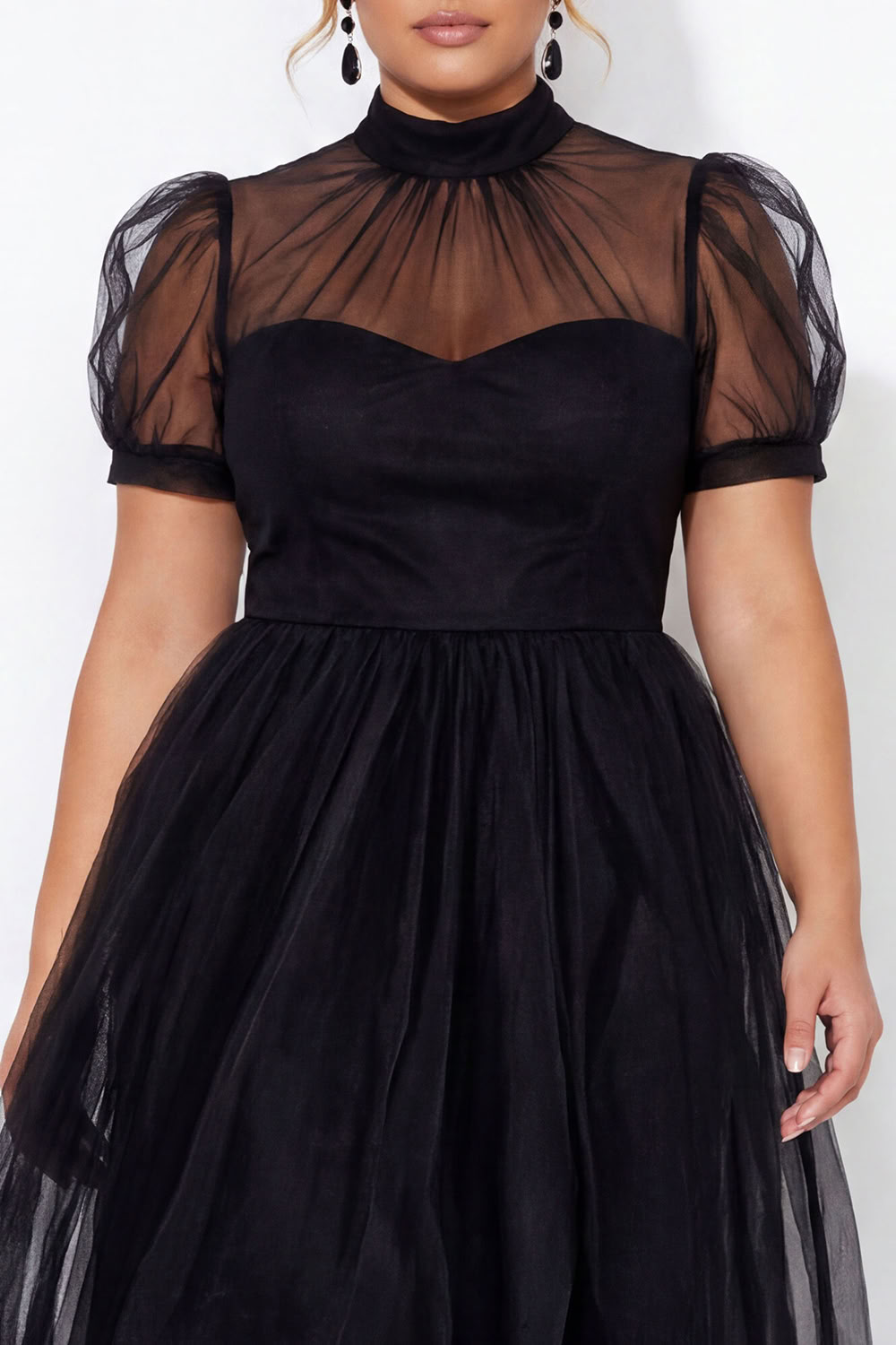 Black A-Line High Neck Tulle Plus Size Midi Dress with Short Sleeves