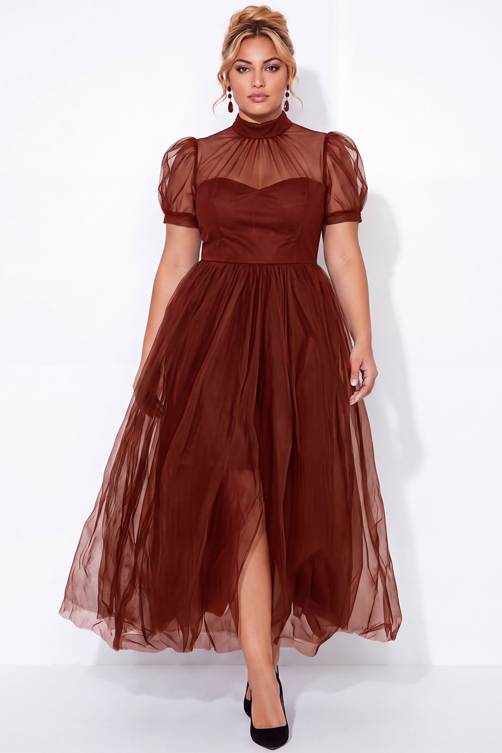 Black A-Line High Neck Tulle Plus Size Midi Dress with Short Sleeves