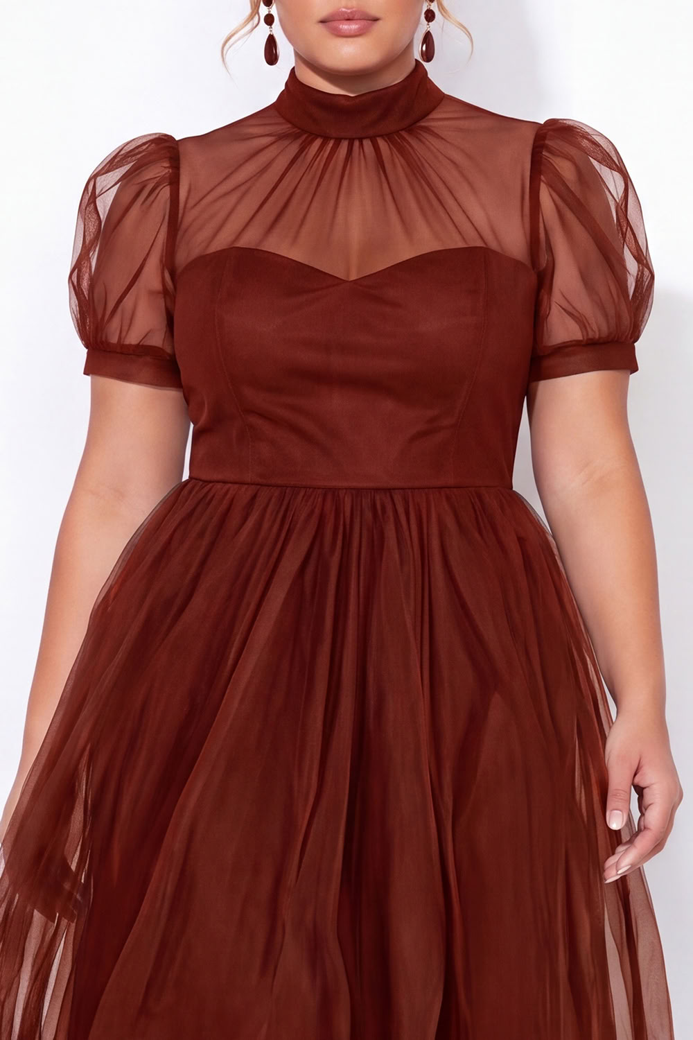Black A-Line High Neck Tulle Plus Size Midi Dress with Short Sleeves
