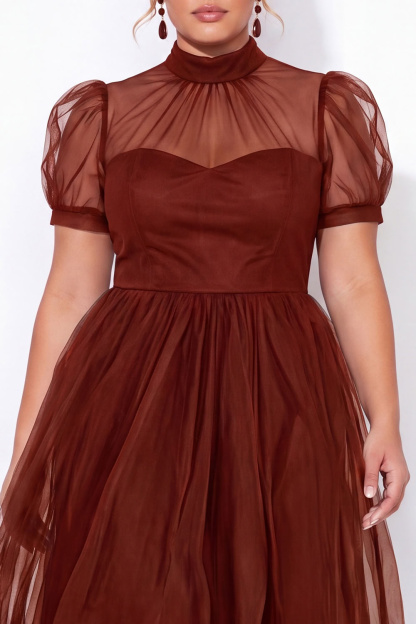 Black A-Line High Neck Tulle Plus Size Midi Dress with Short Sleeves