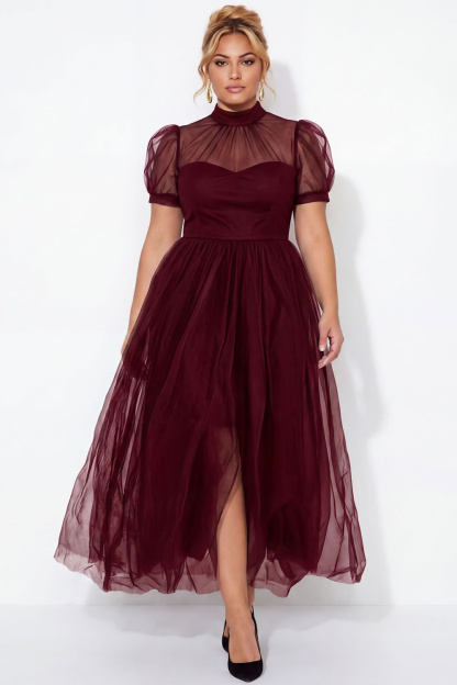 Black A-Line High Neck Tulle Plus Size Midi Dress with Short Sleeves