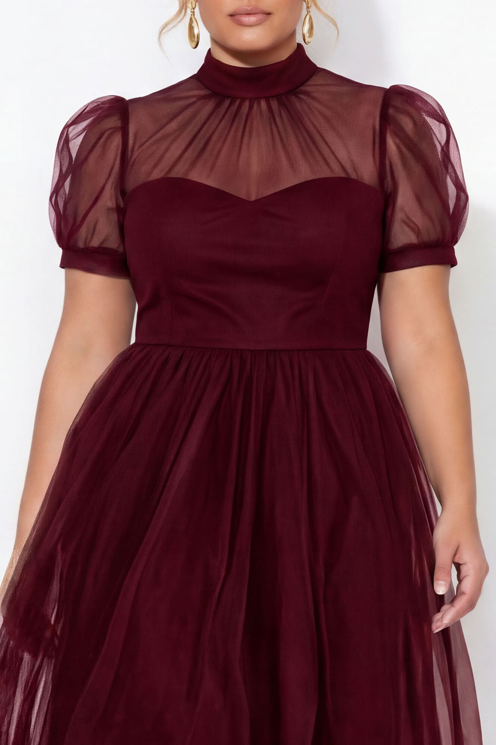 Black A-Line High Neck Tulle Plus Size Midi Dress with Short Sleeves