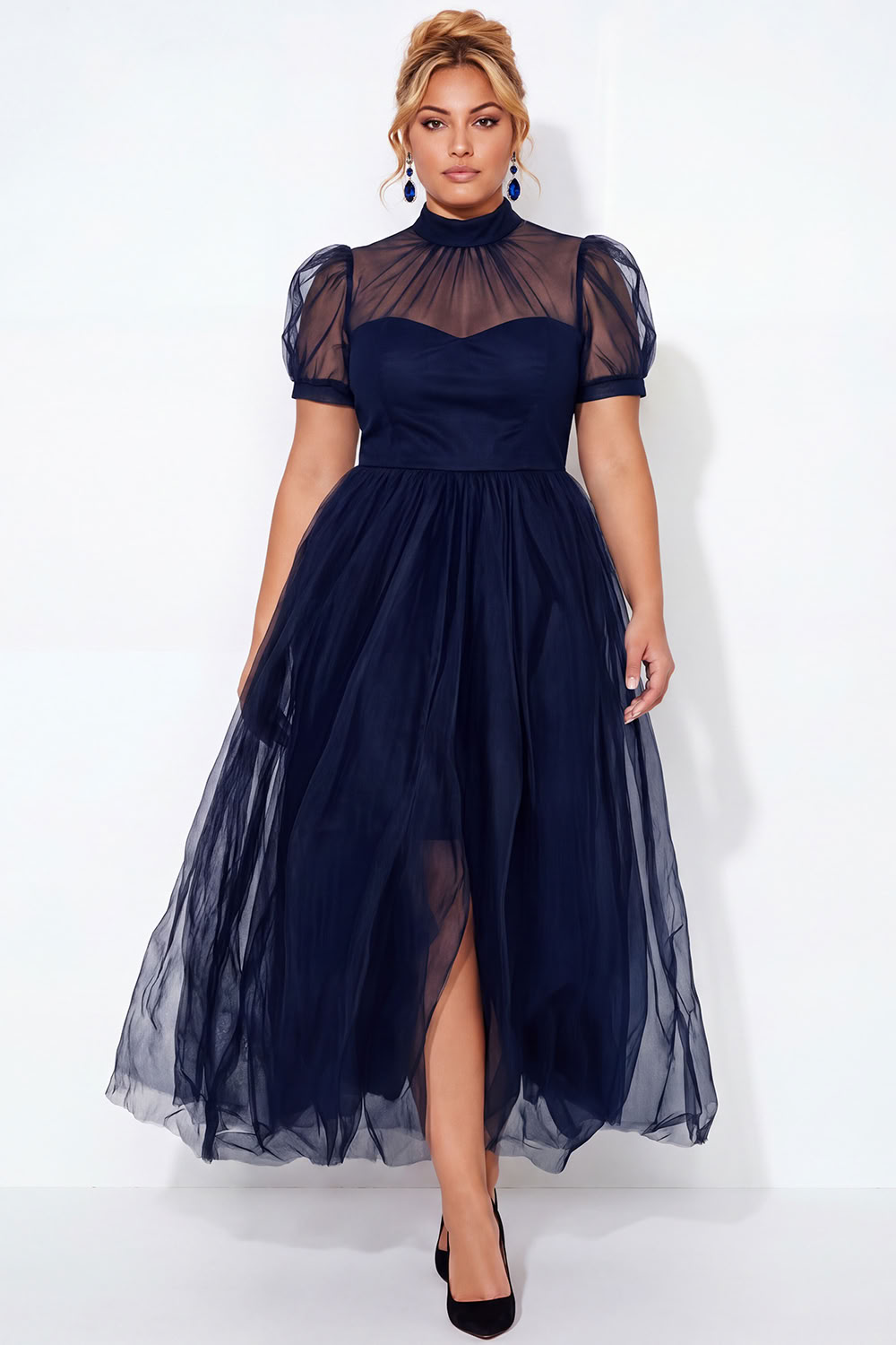 Black A-Line High Neck Tulle Plus Size Midi Dress with Short Sleeves