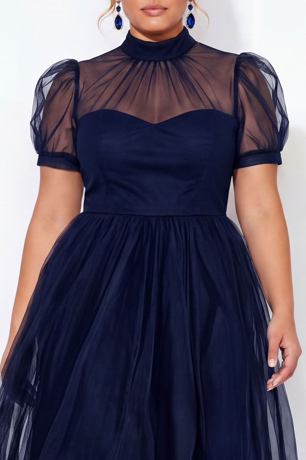Black A-Line High Neck Tulle Plus Size Midi Dress with Short Sleeves