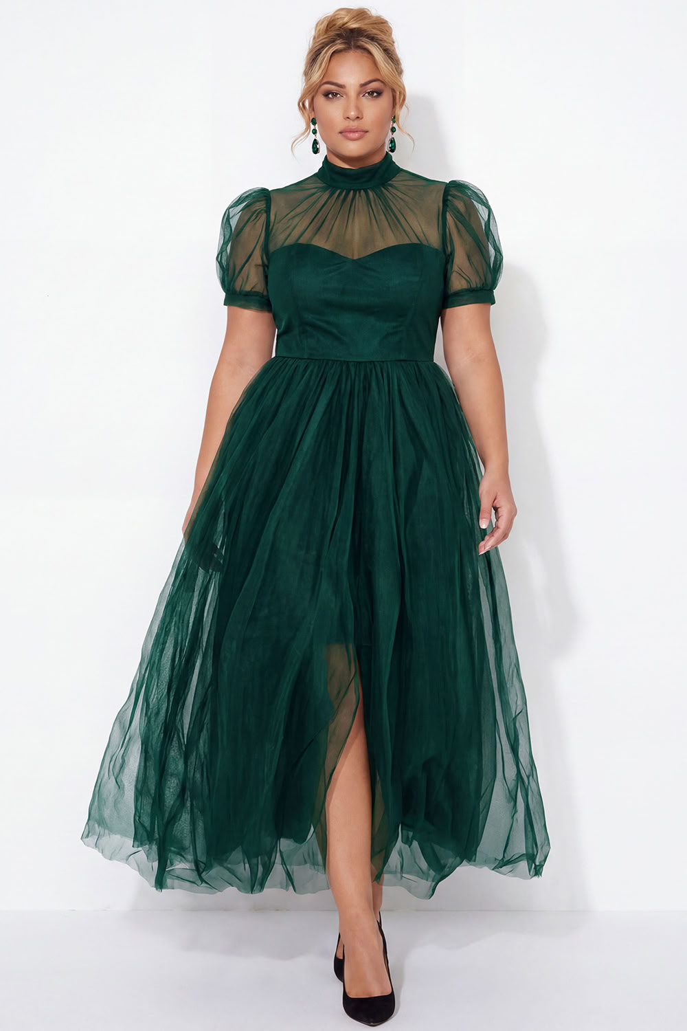 Black A-Line High Neck Tulle Plus Size Midi Dress with Short Sleeves