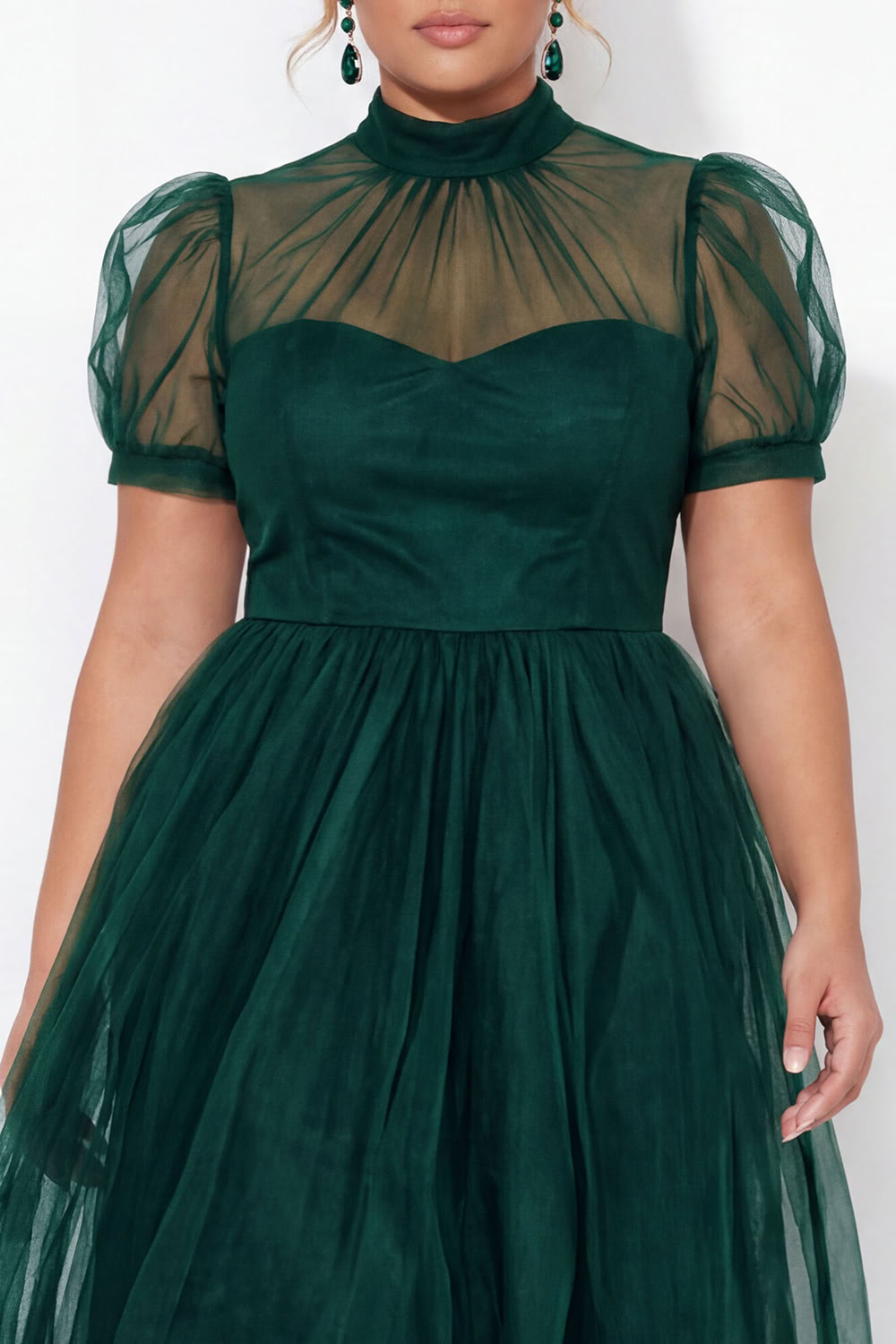 Black A-Line High Neck Tulle Plus Size Midi Dress with Short Sleeves