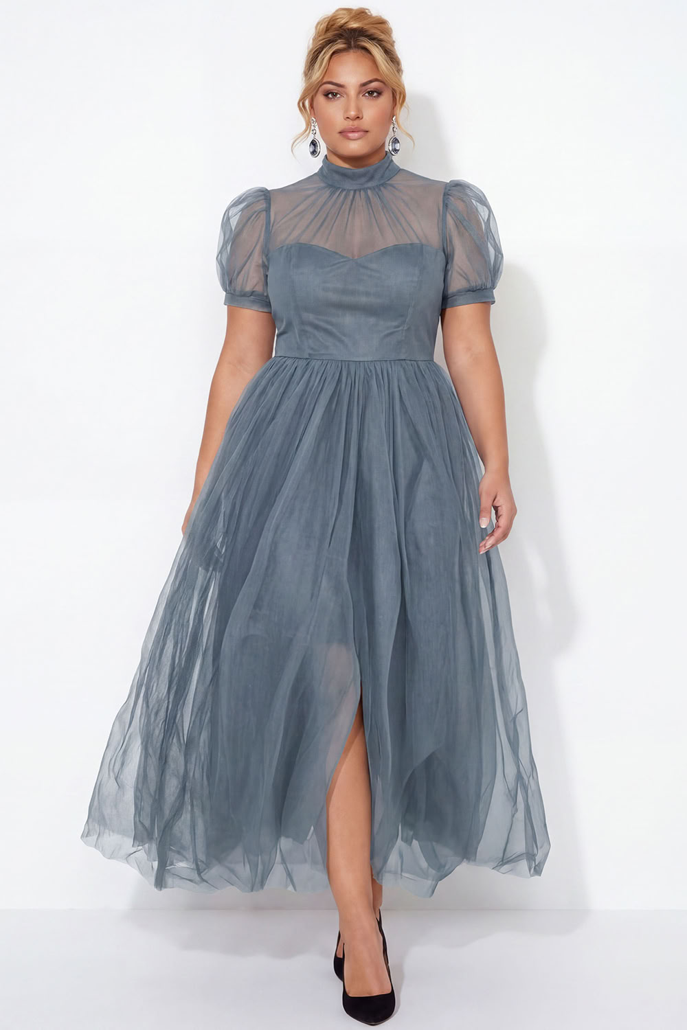 Black A-Line High Neck Tulle Plus Size Midi Dress with Short Sleeves