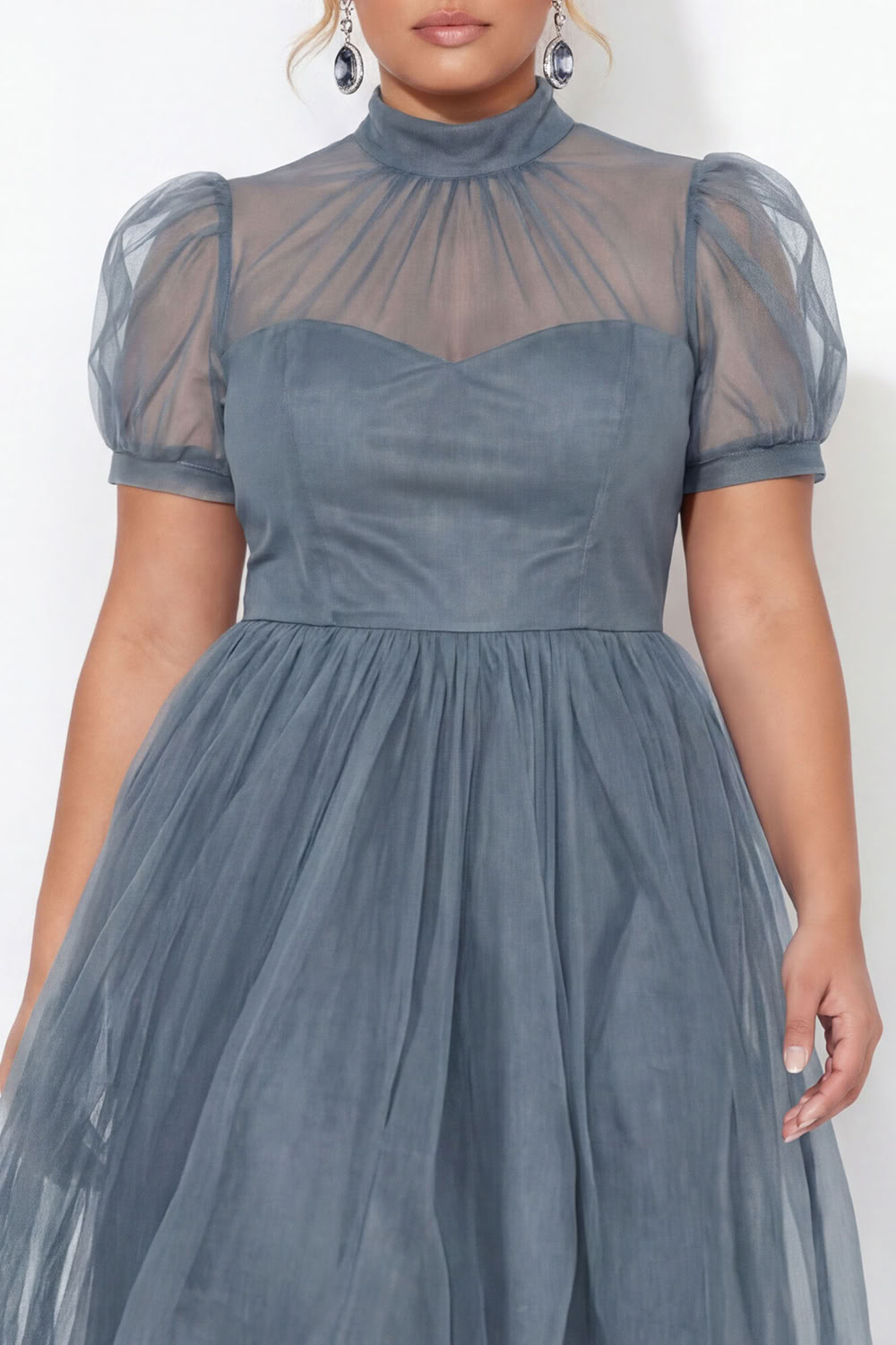 Black A-Line High Neck Tulle Plus Size Midi Dress with Short Sleeves
