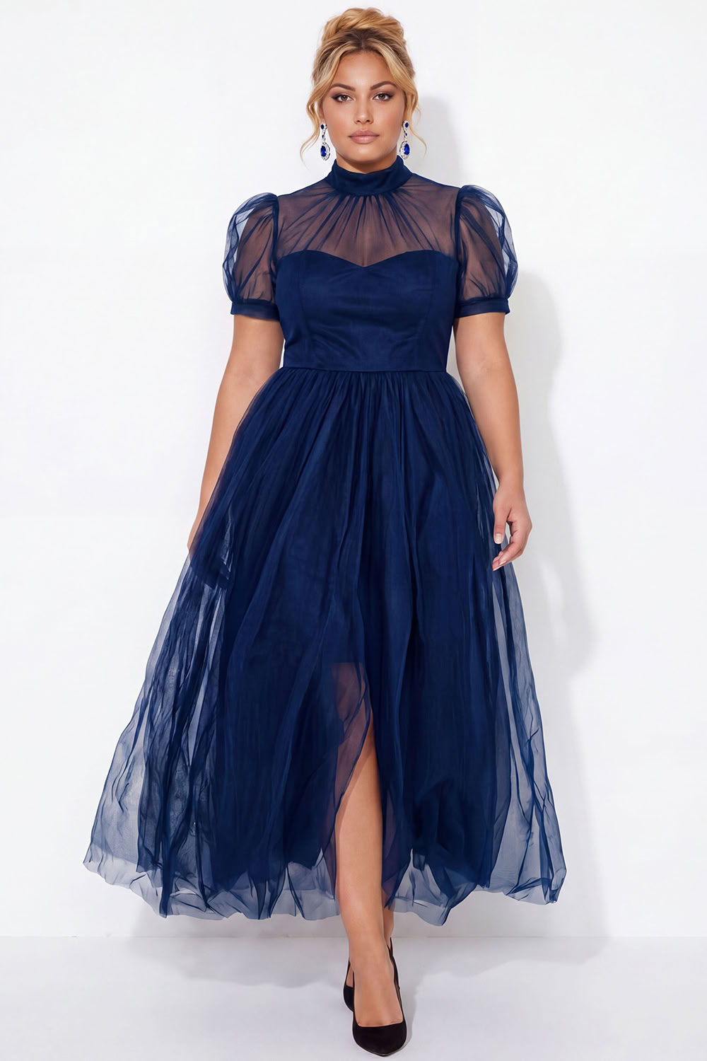 Black A-Line High Neck Tulle Plus Size Midi Dress with Short Sleeves