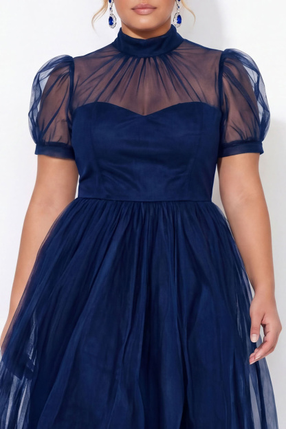 Black A-Line High Neck Tulle Plus Size Midi Dress with Short Sleeves