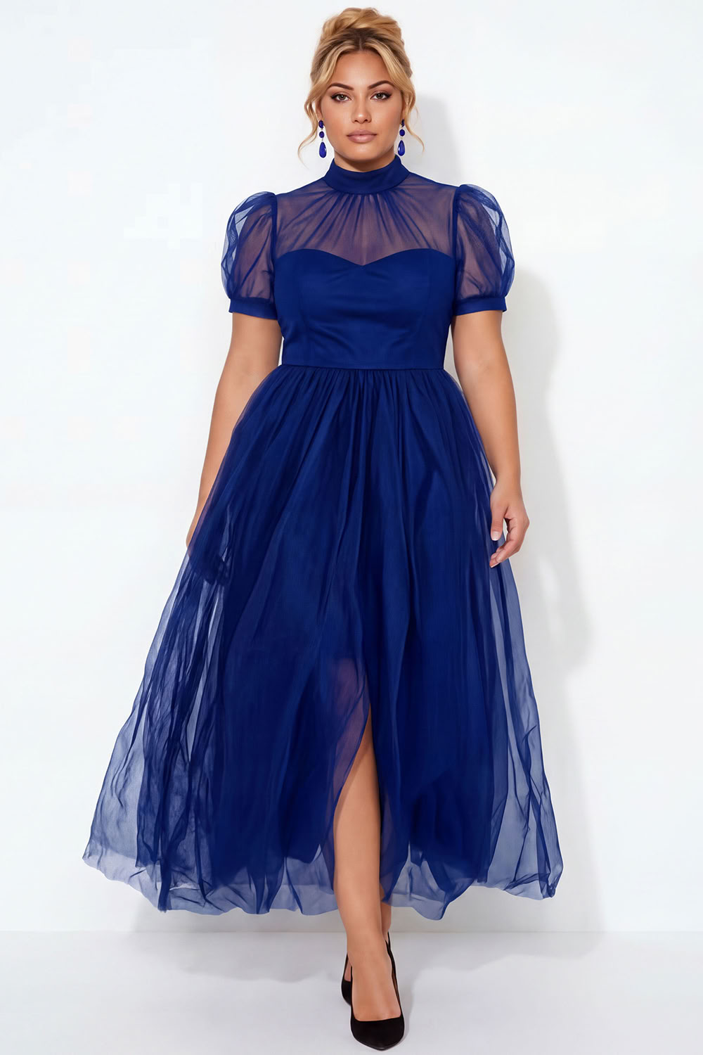 Black A-Line High Neck Tulle Plus Size Midi Dress with Short Sleeves
