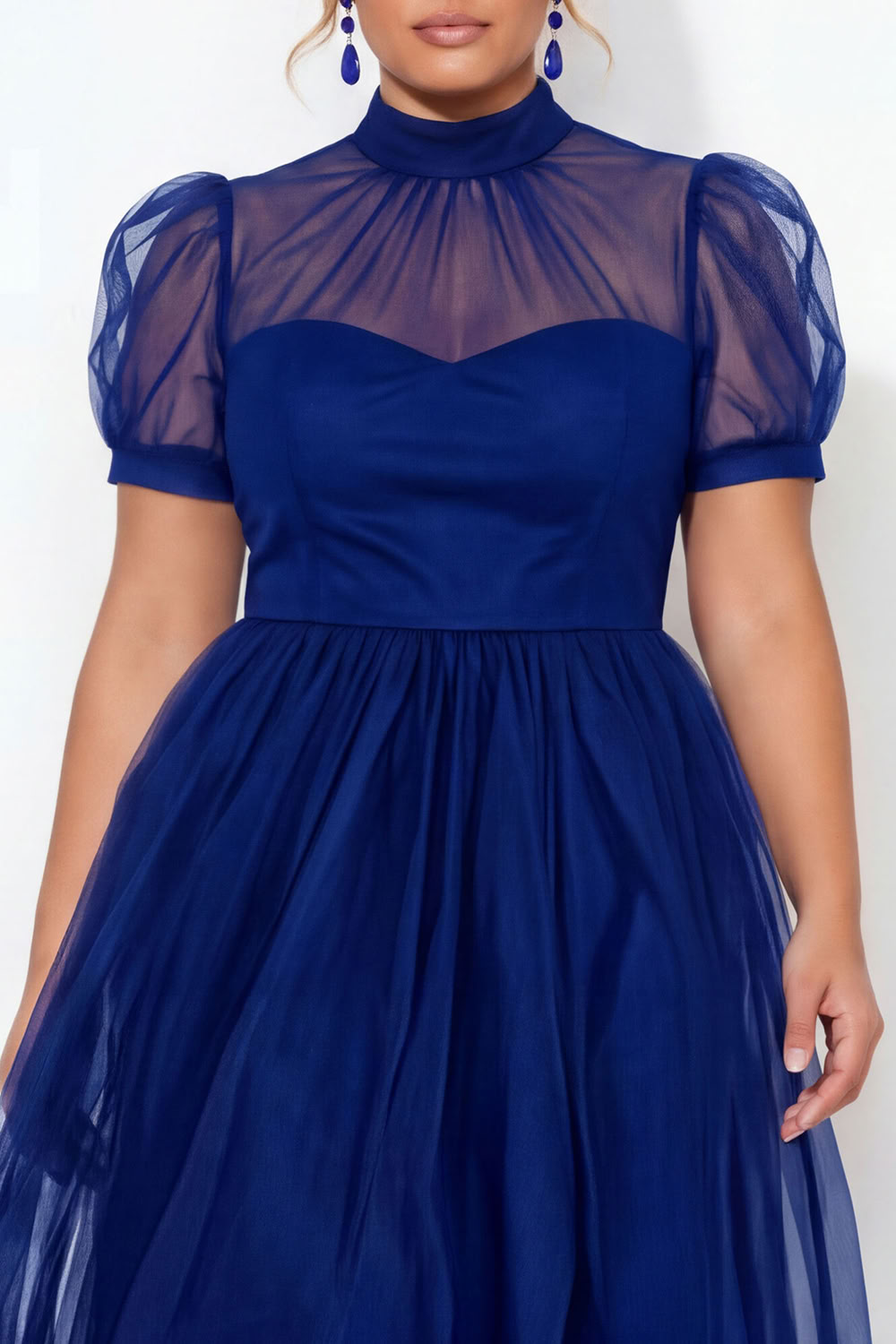 Black A-Line High Neck Tulle Plus Size Midi Dress with Short Sleeves
