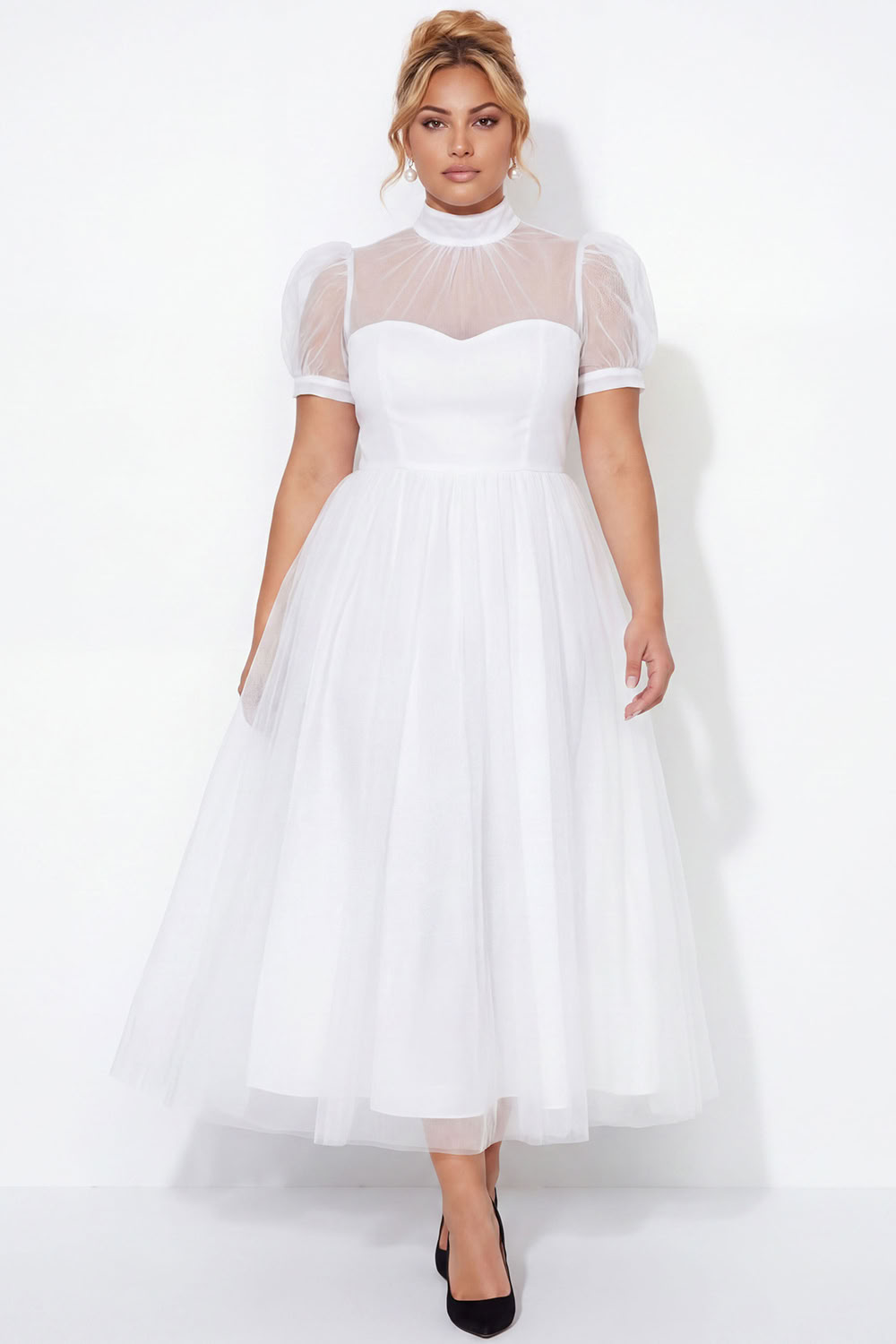 Black A-Line High Neck Tulle Plus Size Midi Dress with Short Sleeves
