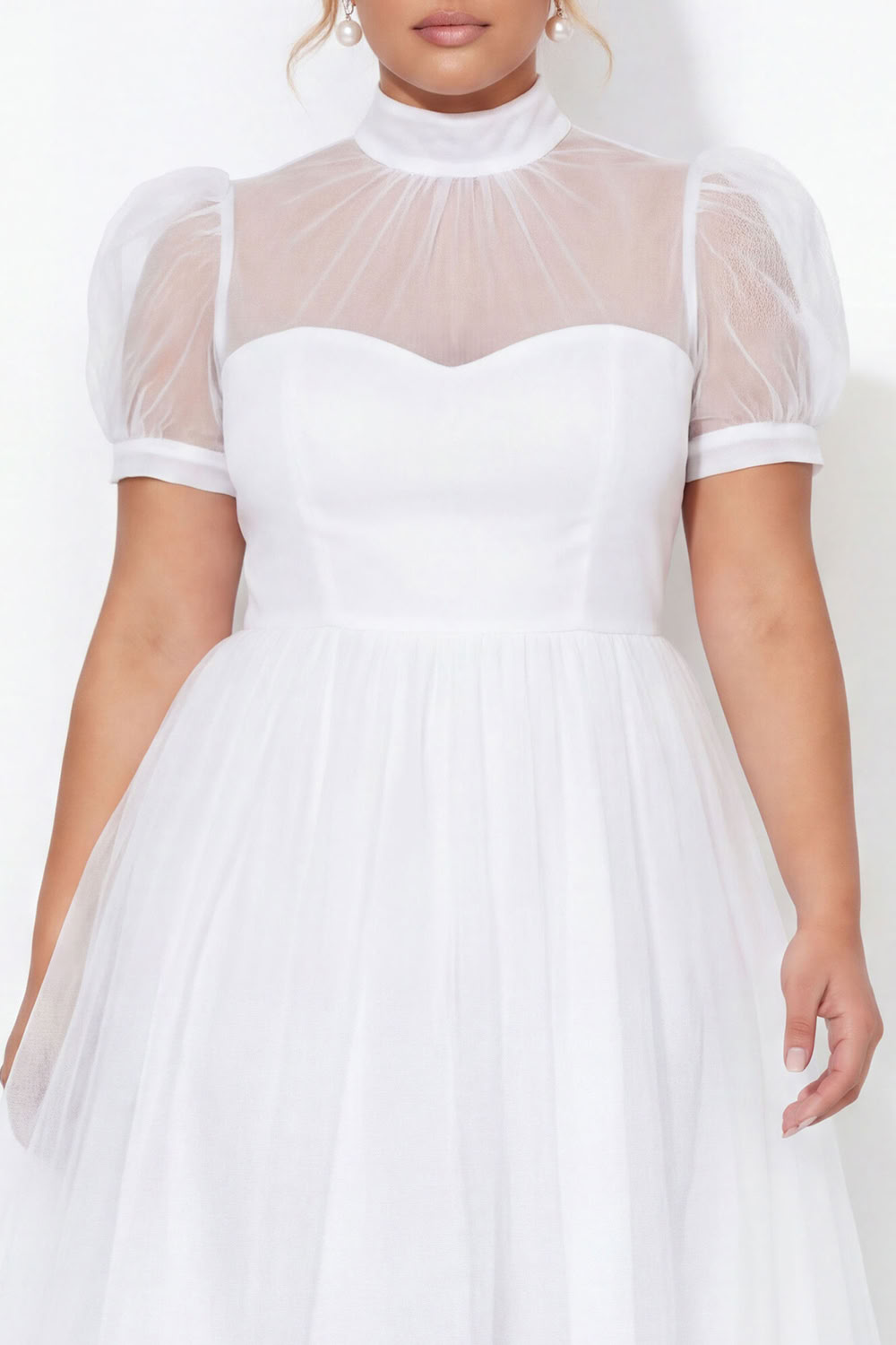 Black A-Line High Neck Tulle Plus Size Midi Dress with Short Sleeves