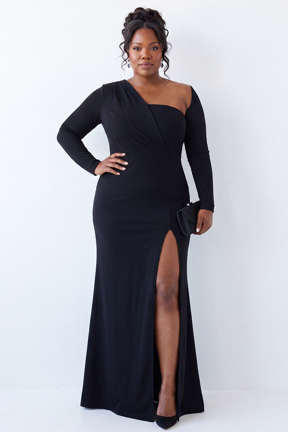Dressself Women Black Mother Of Bride Dress with Slit One Shoulder Sheath Satin Plus Size Long Wedding Guest Dress