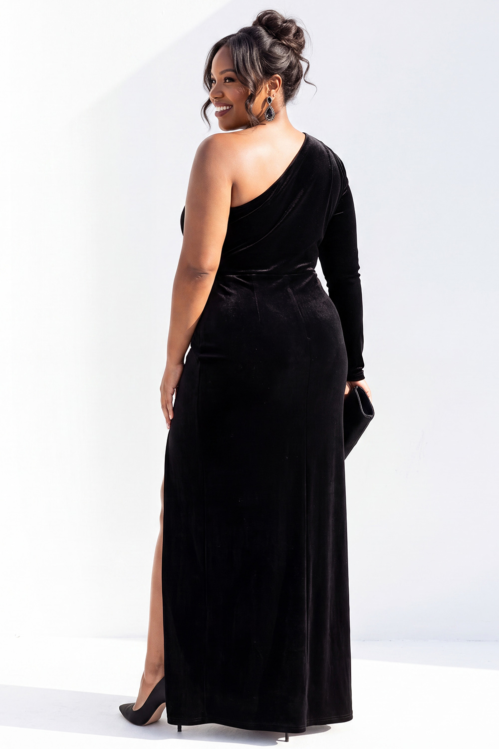 Black One Shoulder Sheath Satin Plus Size Mother of the Bride Dress with Slit