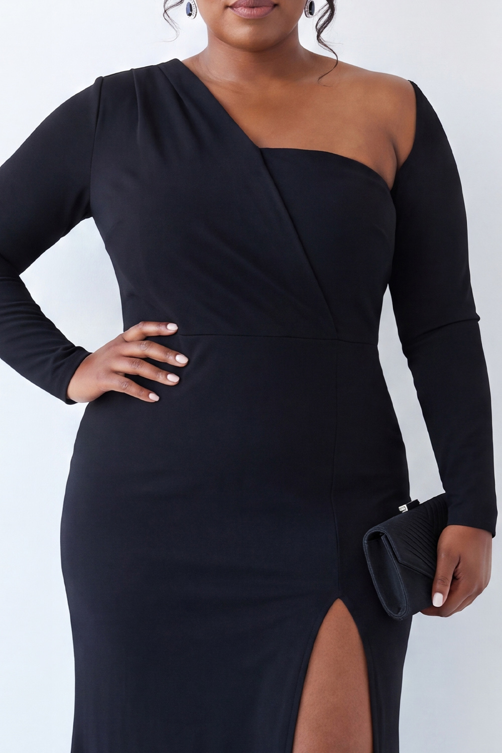 Black One Shoulder Sheath Satin Plus Size Mother of the Bride Dress with Slit