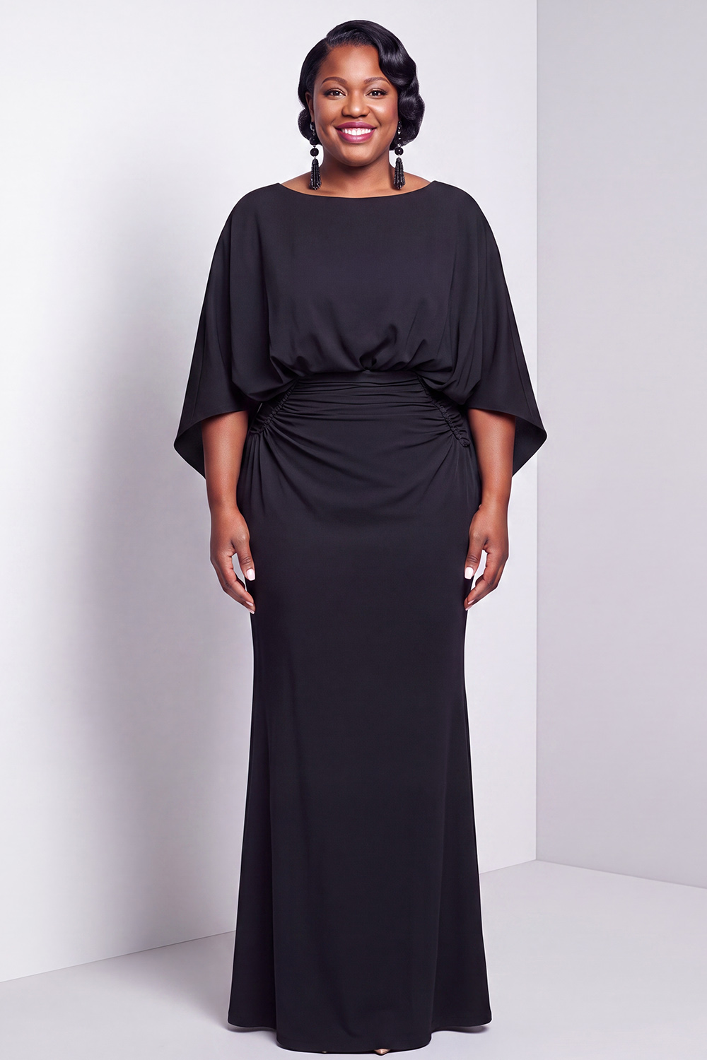 Dressself Women Black Long Mother of the Bride Dress Bateau Neck Sheath 3/4 Sleeves Wedding Guest Dress