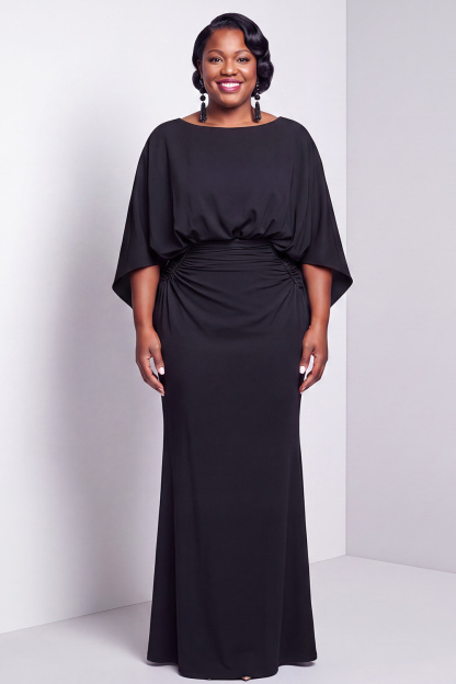Dressself Women Black Long Mother of the Bride Dress Bateau Neck Sheath 3/4 Sleeves Wedding Guest Dress