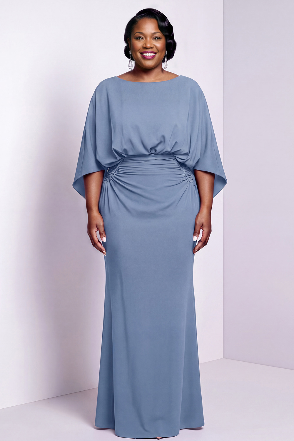 Black Bateau Neck Sheath 3/4 Sleeves Long Mother of the Bride Dress