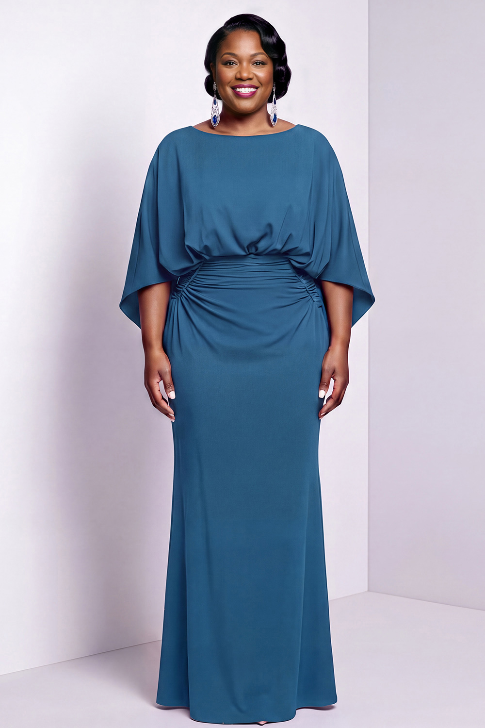 Black Bateau Neck Sheath 3/4 Sleeves Long Mother of the Bride Dress