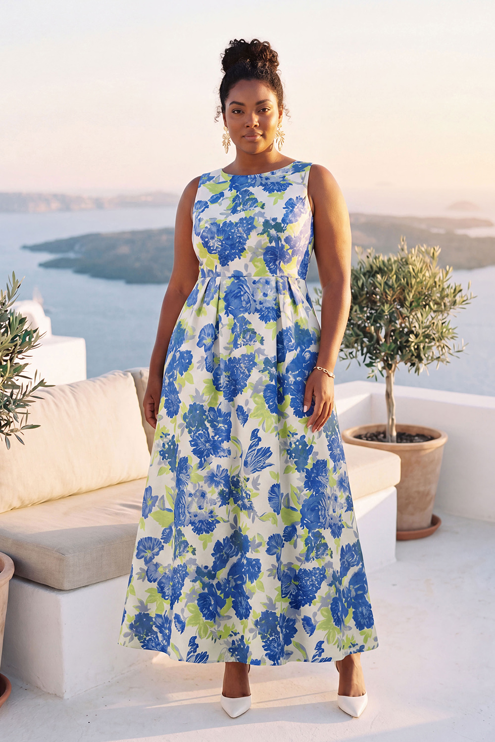 Blue Daffodil A-Line Round Neck Plus Size Midi Floral Dress