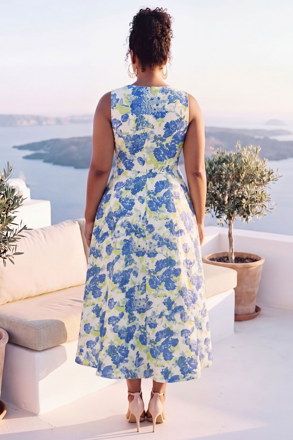 Blue Daffodil A-Line Round Neck Plus Size Midi Floral Dress