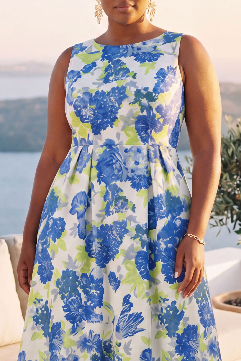 Blue Daffodil A-Line Round Neck Plus Size Midi Floral Dress