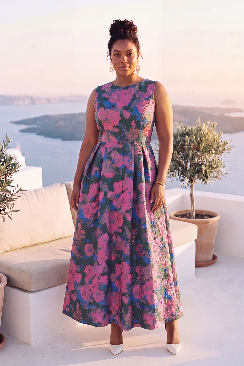 Blue Daffodil A-Line Round Neck Plus Size Midi Floral Dress