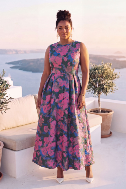 Blue Daffodil A-Line Round Neck Plus Size Midi Floral Dress