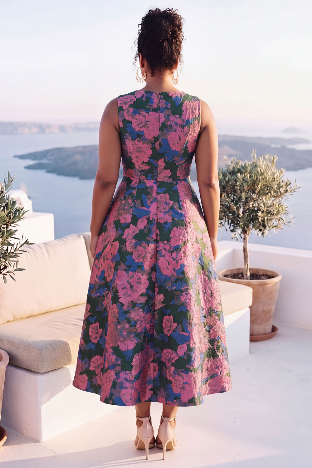 Blue Daffodil A-Line Round Neck Plus Size Midi Floral Dress