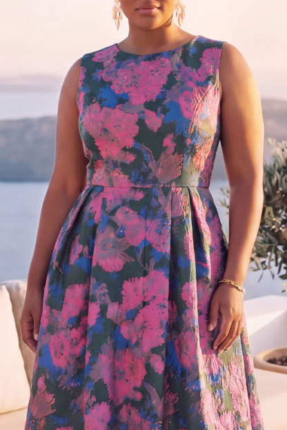 Blue Daffodil A-Line Round Neck Plus Size Midi Floral Dress