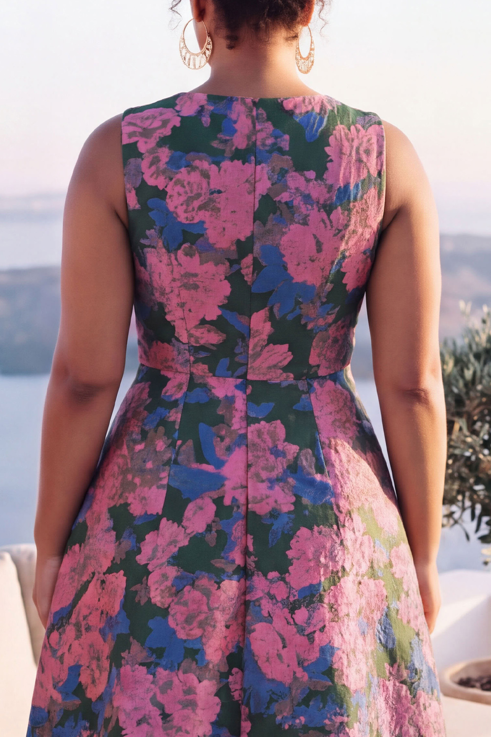 Blue Daffodil A-Line Round Neck Plus Size Midi Floral Dress