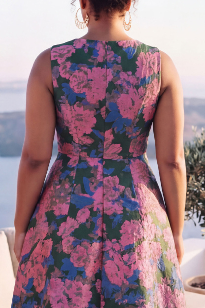 Blue Daffodil A-Line Round Neck Plus Size Midi Floral Dress