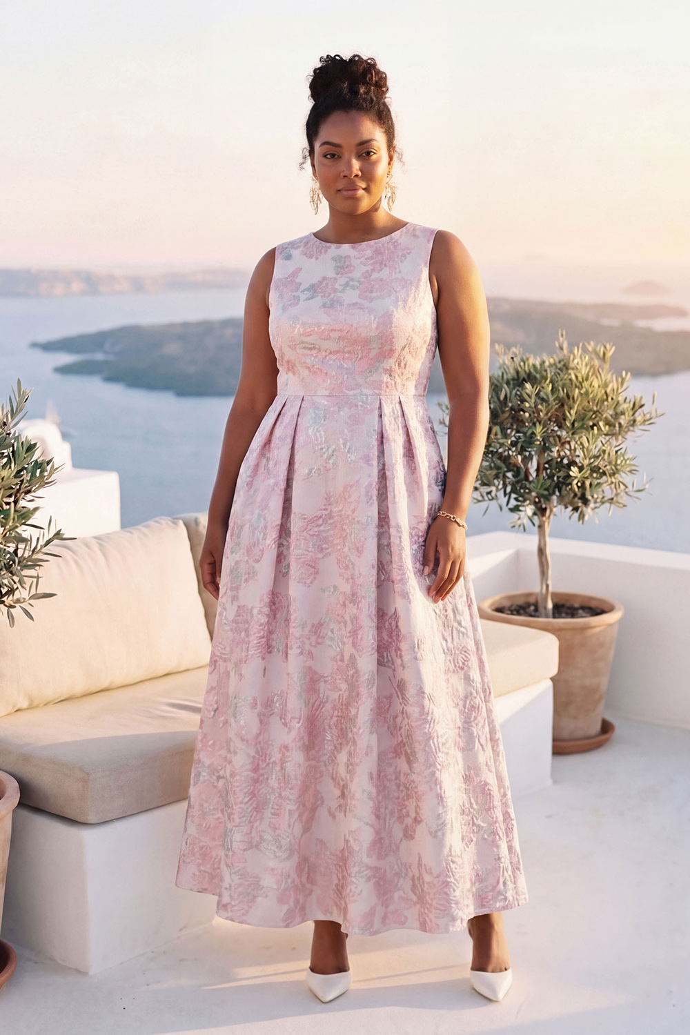 Blue Daffodil A-Line Round Neck Plus Size Midi Floral Dress