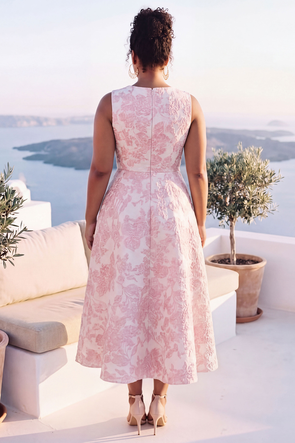 Blue Daffodil A-Line Round Neck Plus Size Midi Floral Dress