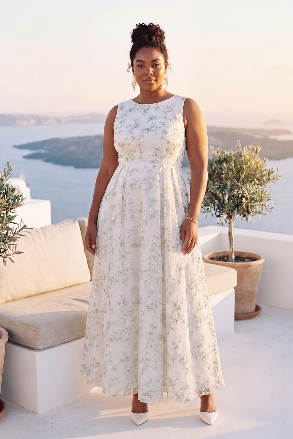 Blue Daffodil A-Line Round Neck Plus Size Midi Floral Dress