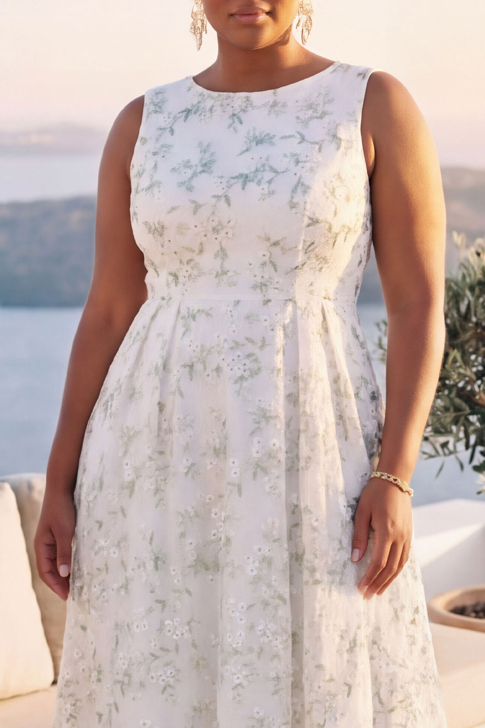 Blue Daffodil A-Line Round Neck Plus Size Midi Floral Dress