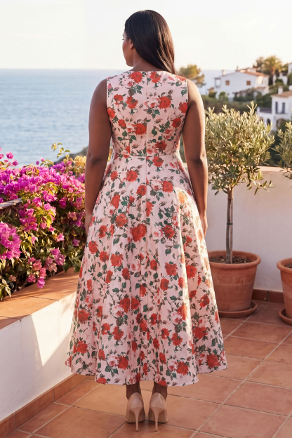 Blue Daffodil A-Line Round Neck Plus Size Midi Floral Dress