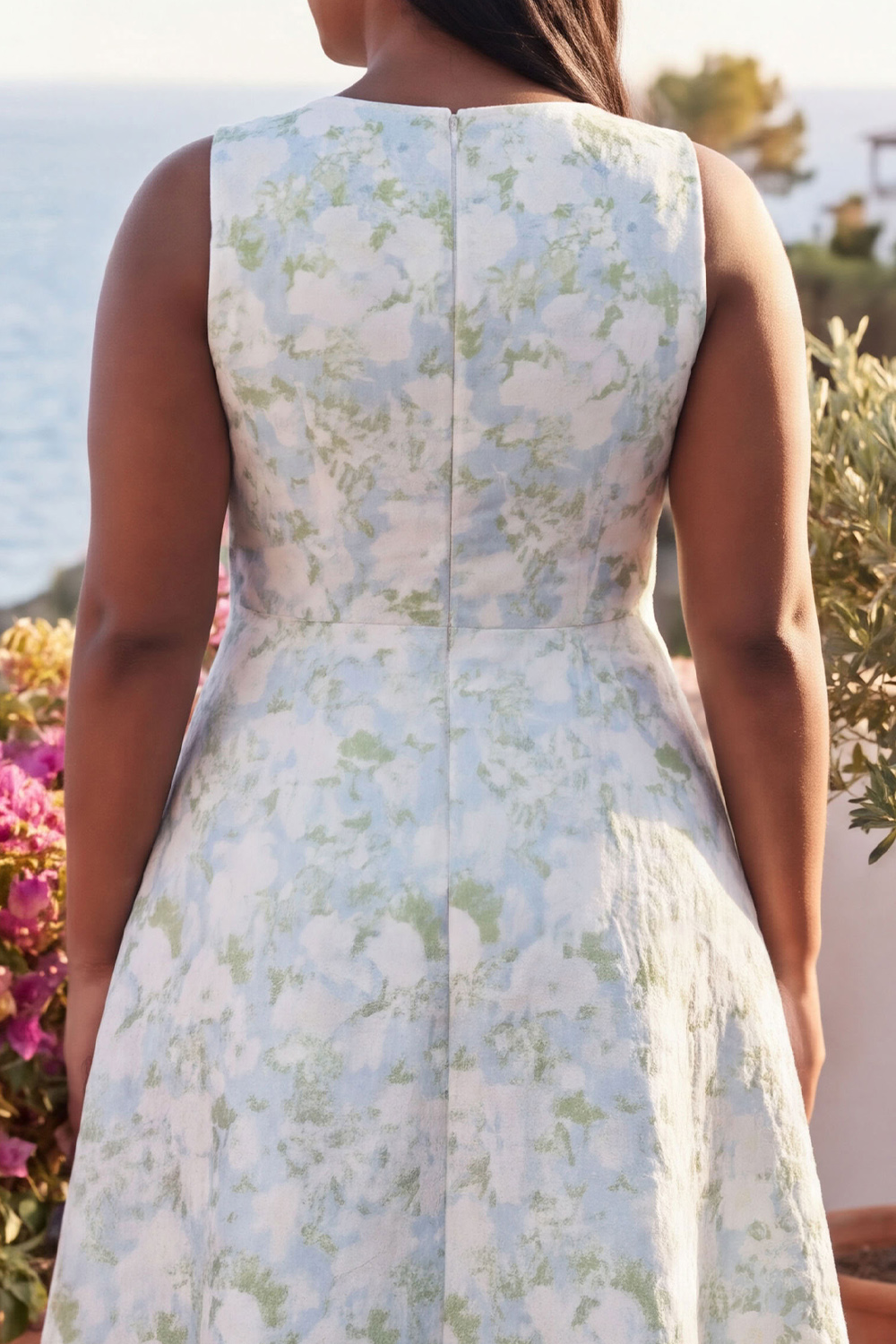 Blue Daffodil A-Line Round Neck Plus Size Midi Floral Dress