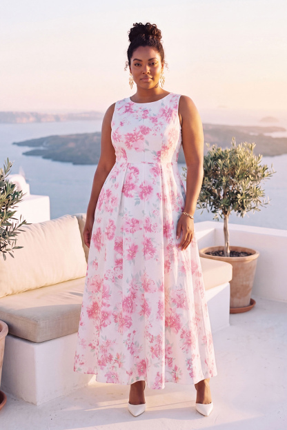 Blue Daffodil A-Line Round Neck Plus Size Midi Floral Dress