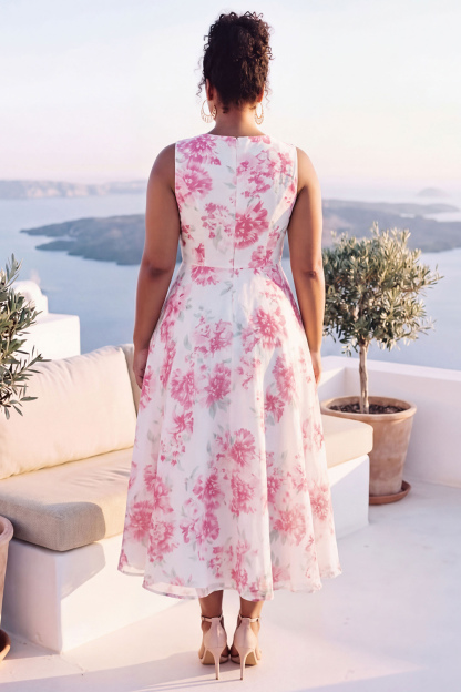 Blue Daffodil A-Line Round Neck Plus Size Midi Floral Dress