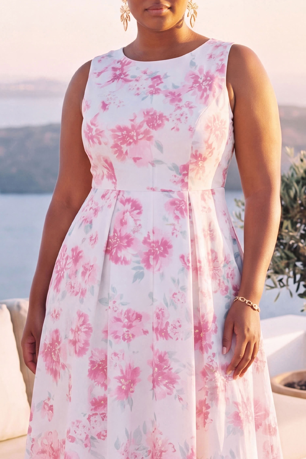 Blue Daffodil A-Line Round Neck Plus Size Midi Floral Dress