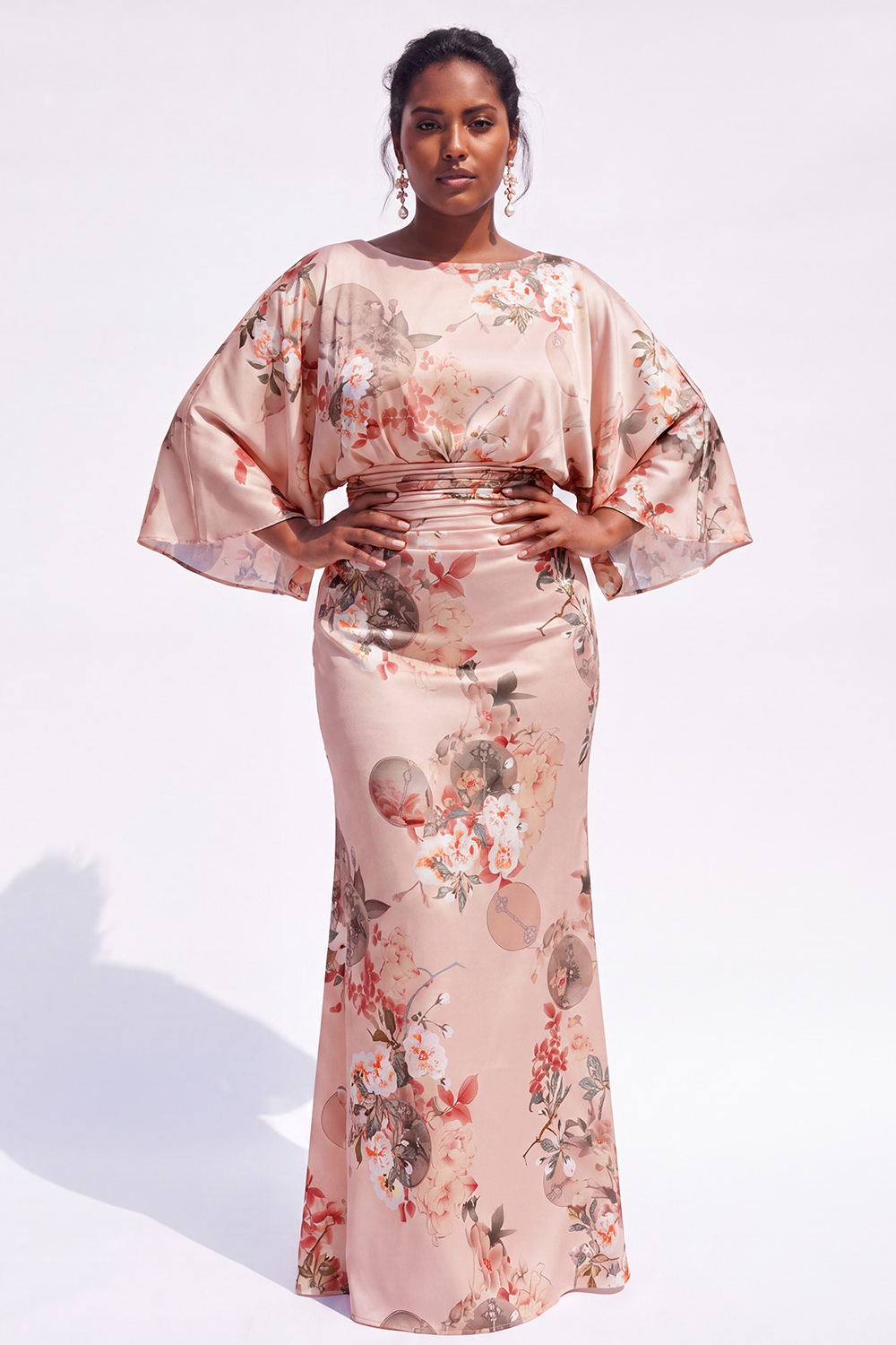 Dressself Women Dusty Rose Floral Mother Of Bride Dress with Flare Sleeves Printed Sheath Satin Plus Size Long Wedding Guest Dress