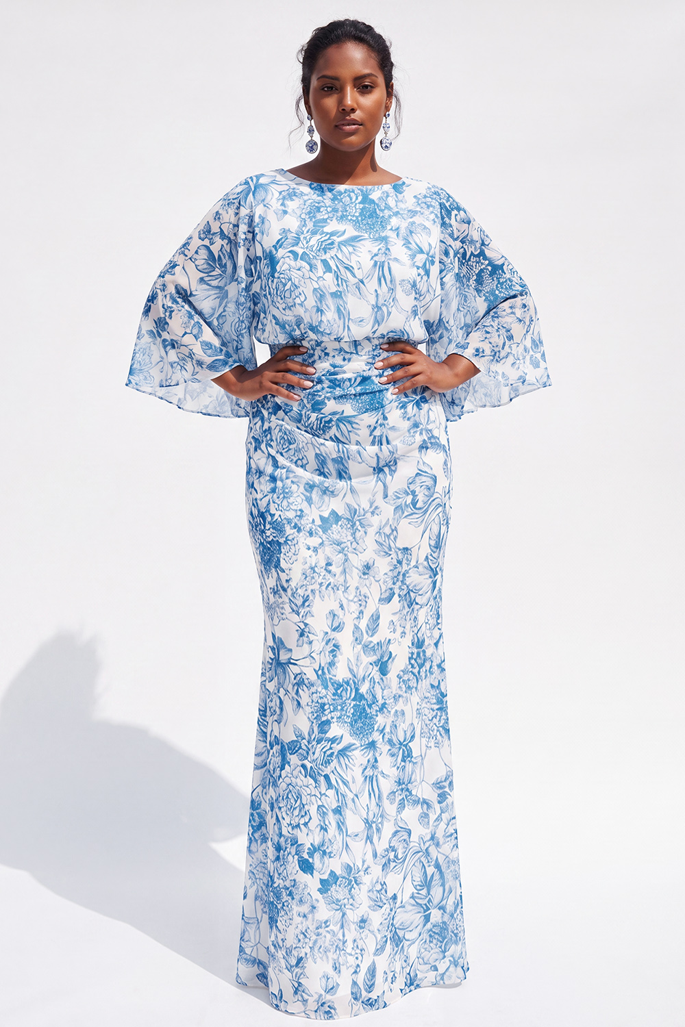 White Blue Flower Mermaid Bateau Neck Long Mother of the Bride Dress with Flare Sleeves 