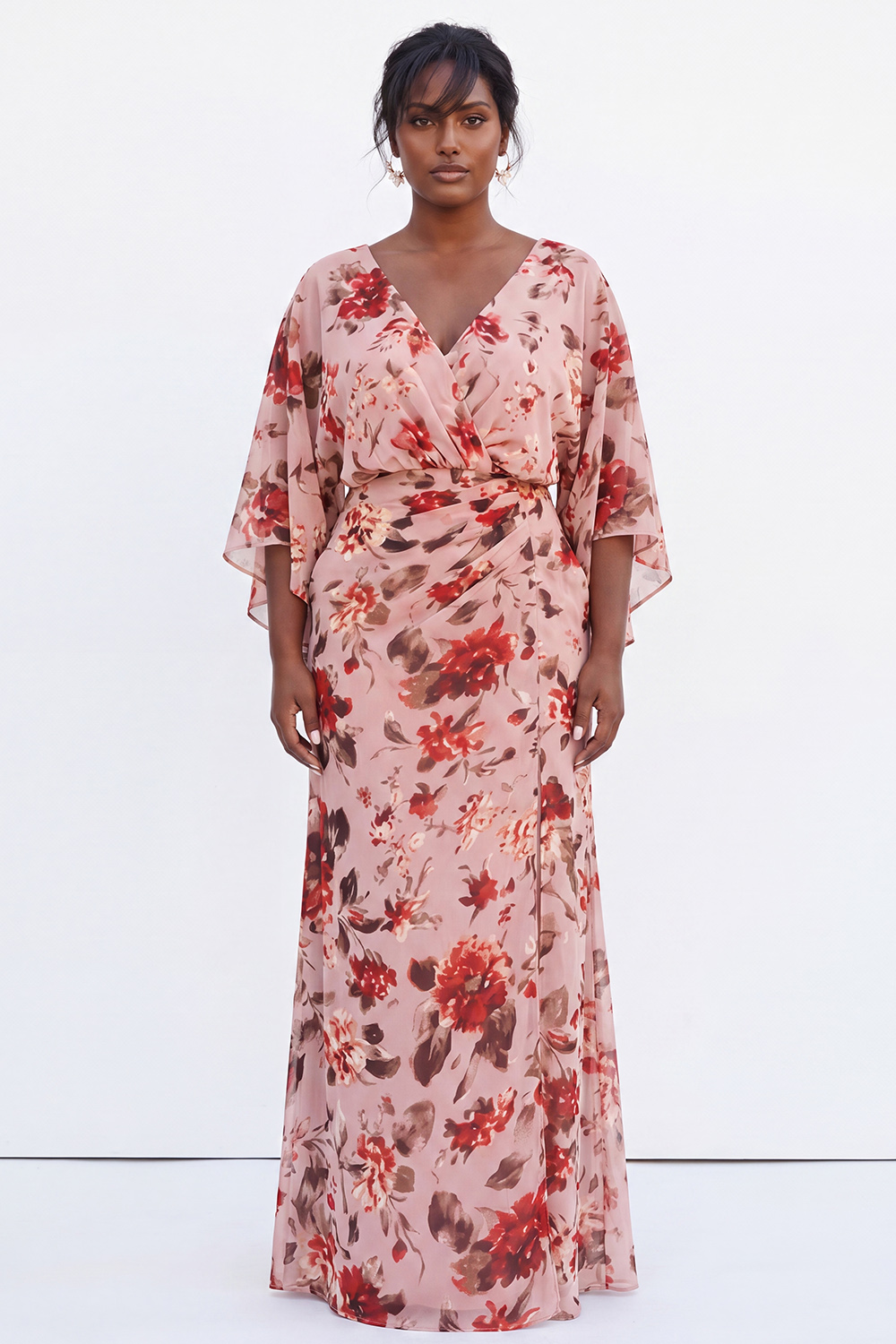 Dressself Women Dusty Rose Mother Of Bride Dress with Flare Sleeves Floral Mermaid V-Neck Plus Size Long Wedding Guest Dress